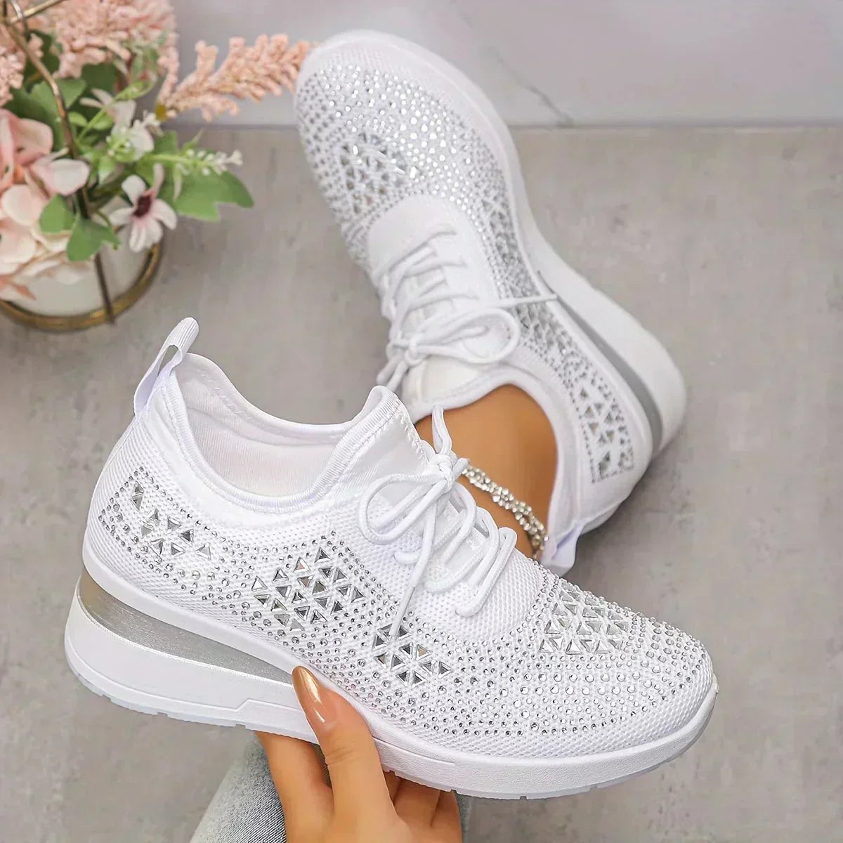 Lace Up Rhinestone Knit Wedge Platform Sneakers