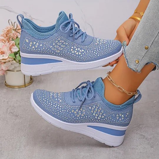Lace Up Rhinestone Knit Wedge Platform Sneakers