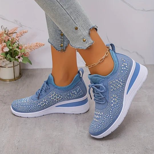 Lace Up Rhinestone Knit Wedge Platform Sneakers