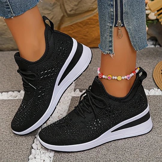 Lace Up Rhinestone Knit Wedge Platform Sneakers