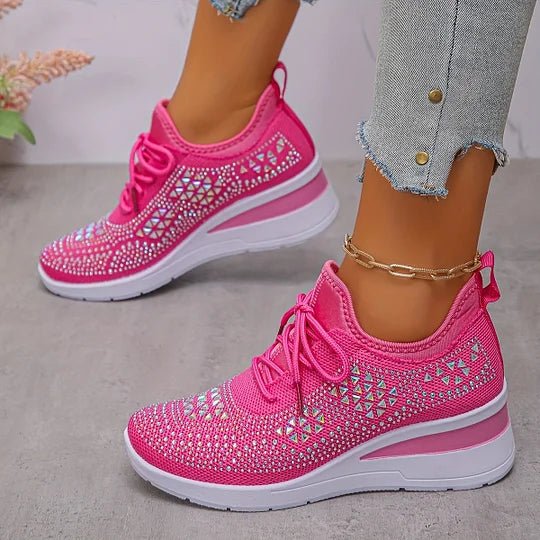 Lace Up Rhinestone Knit Wedge Platform Sneakers