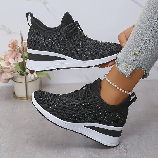 Lace Up Rhinestone Knit Wedge Platform Sneakers