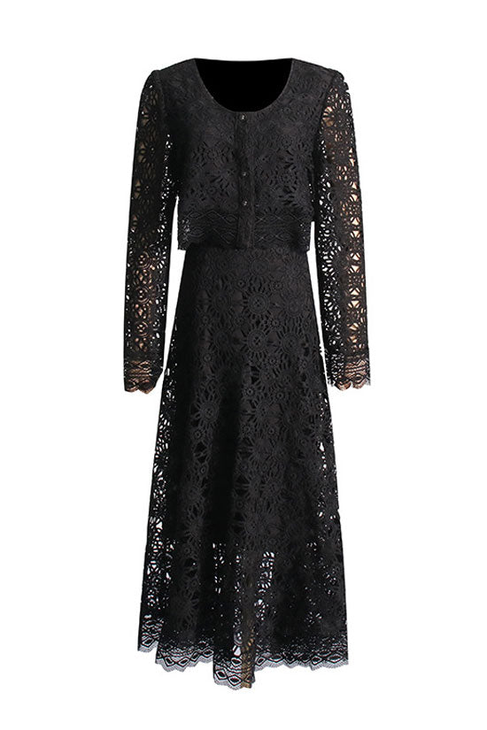 Graceful Button Up High Waist Crochet Lace Two Piece Maxi Dress - Black 2