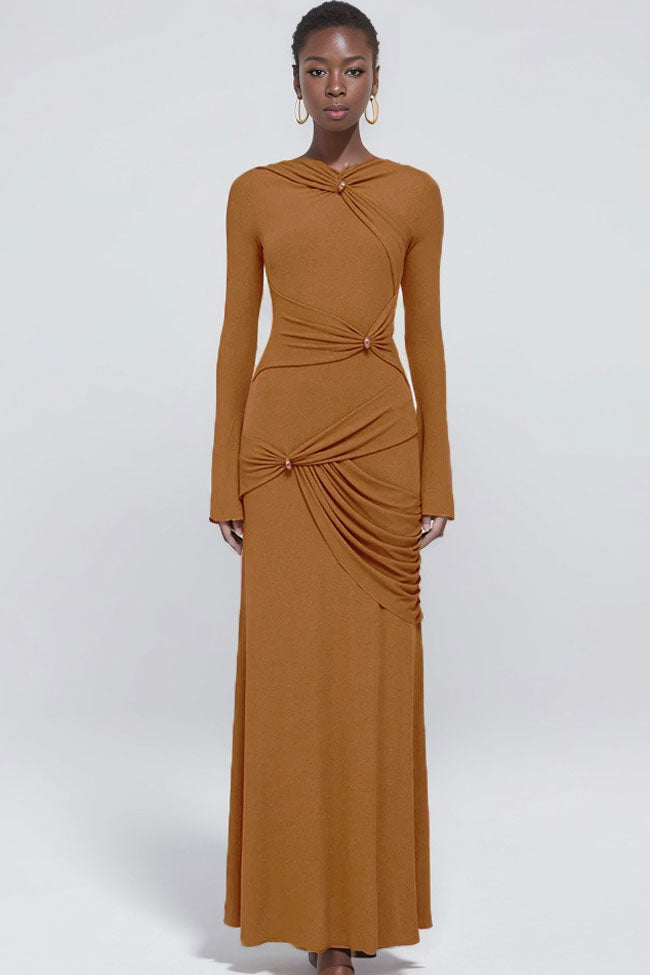 Long Sleeve Round Neck Knot Detail Ruched Draped Jersey Maxi Dress