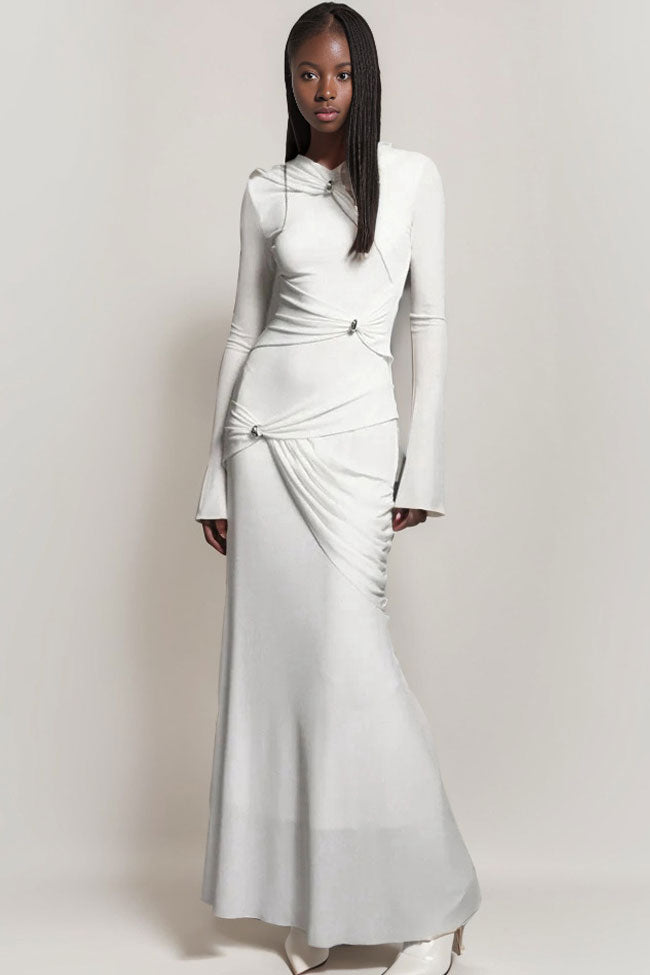 Hooded Long Sleeve Knot Ruched Draped Jersey Maxi Dress
