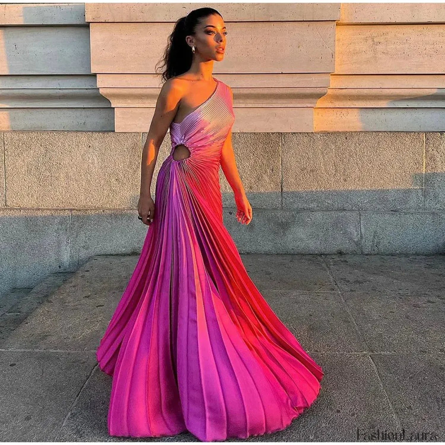 Gradient Pleated Shoulder Maxi Dress