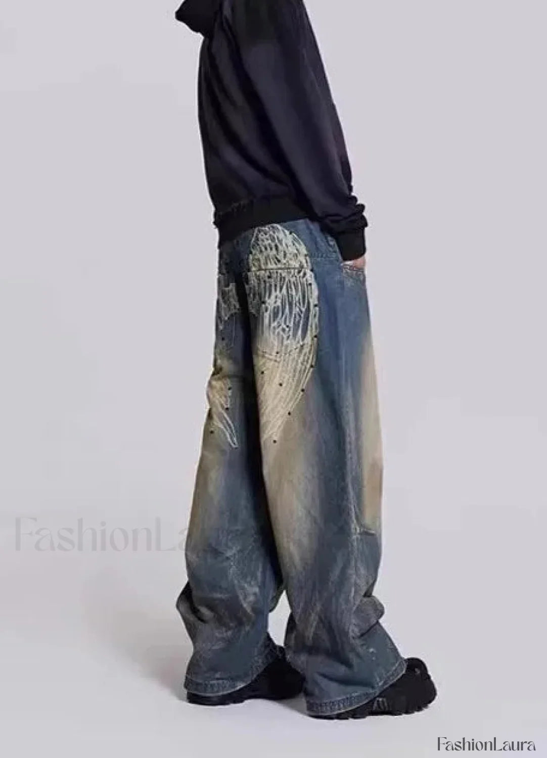 Gradient Wing Print Wide Leg Jeans