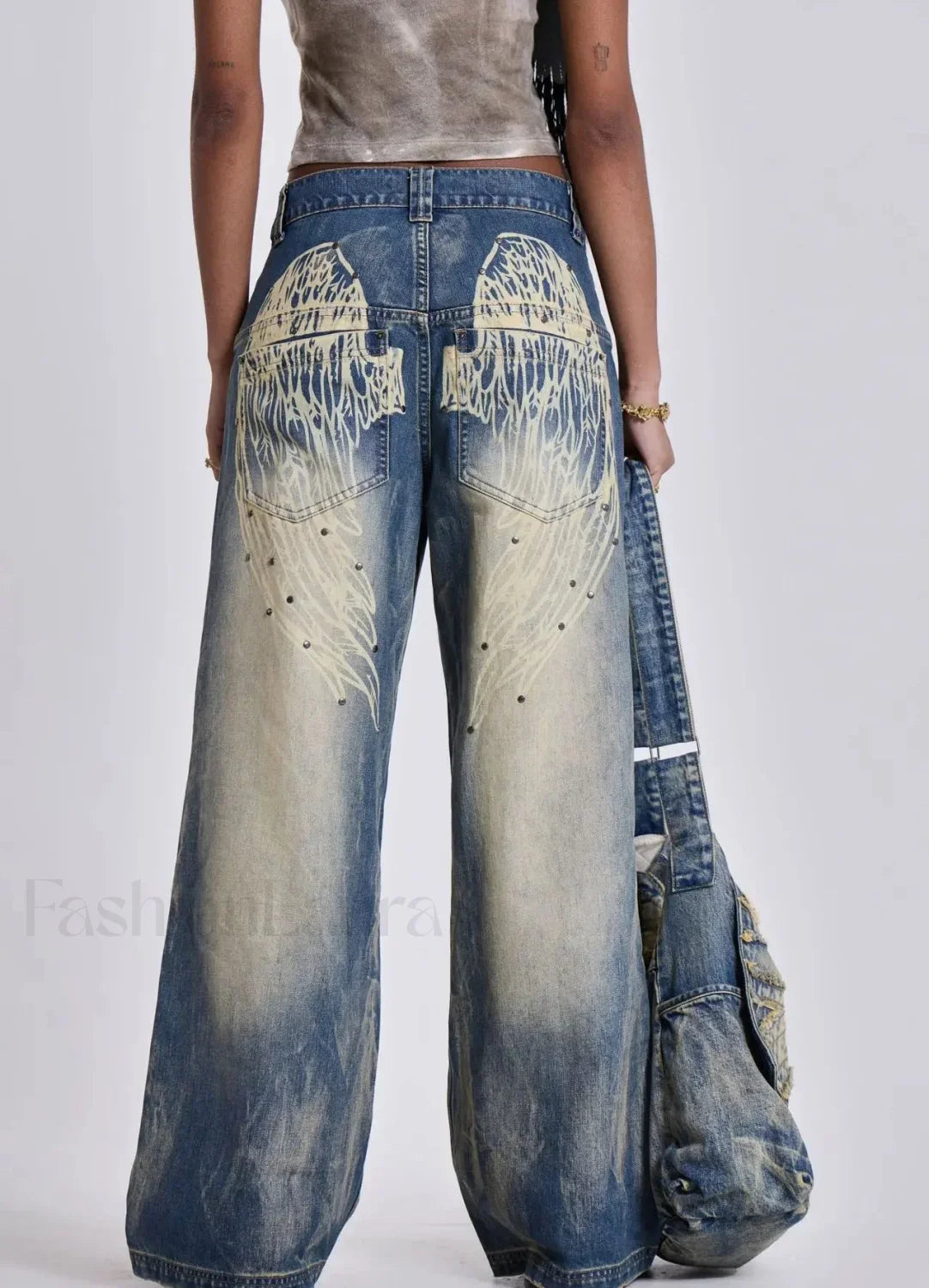 Gradient Wing Print Wide Leg Jeans