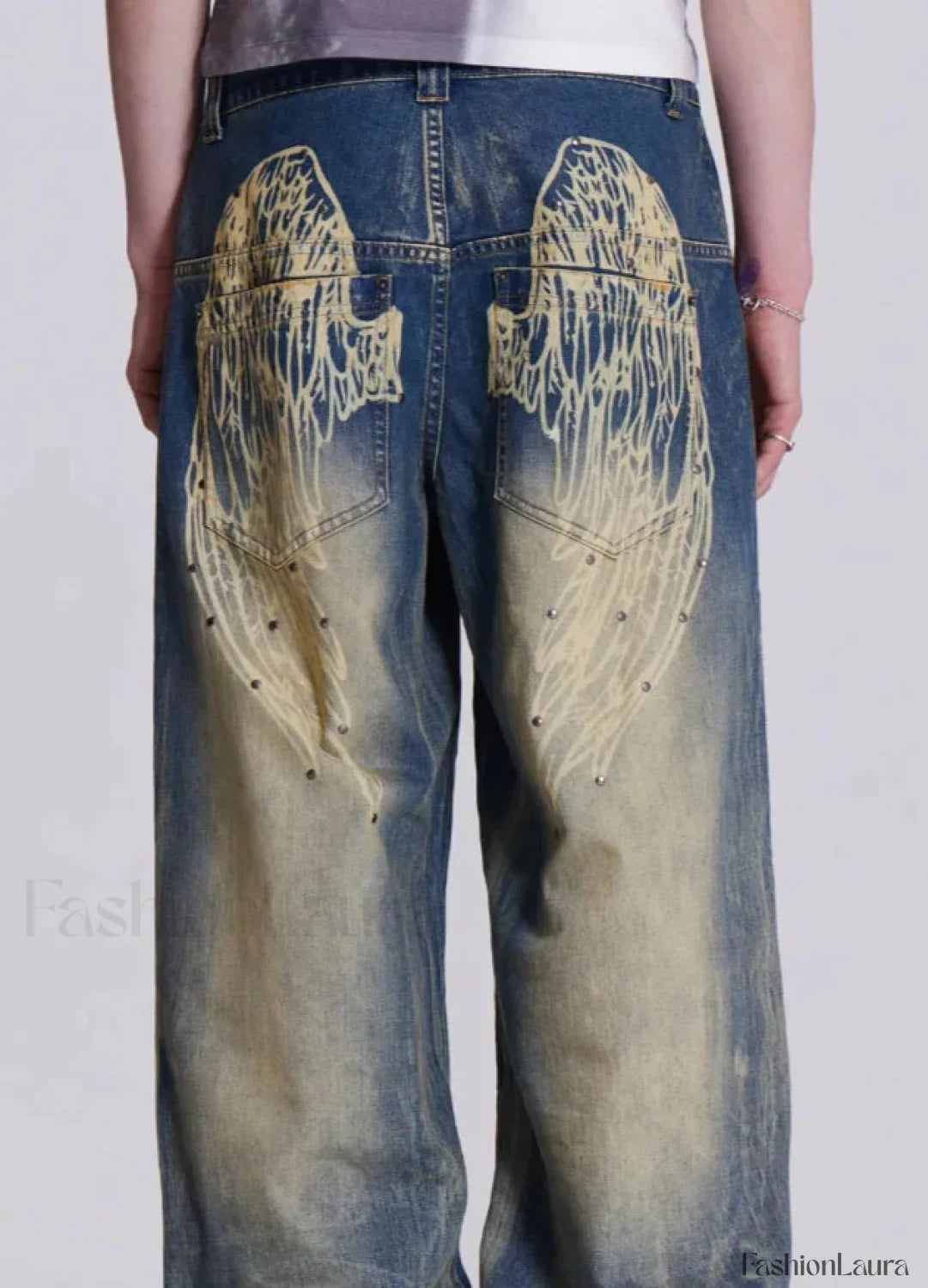 Gradient Wing Print Wide Leg Jeans