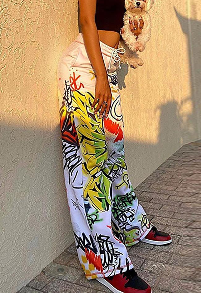 Graffiti Print Drawstring Waist Wide Leg Pants