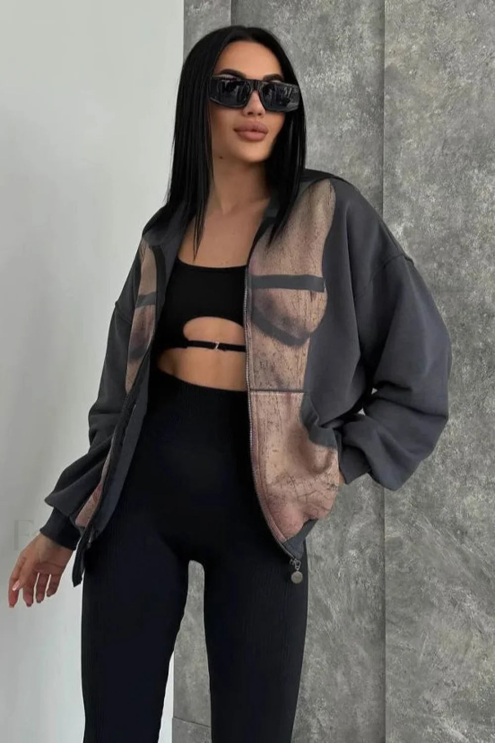 Graphic Print Zipper Hoodie