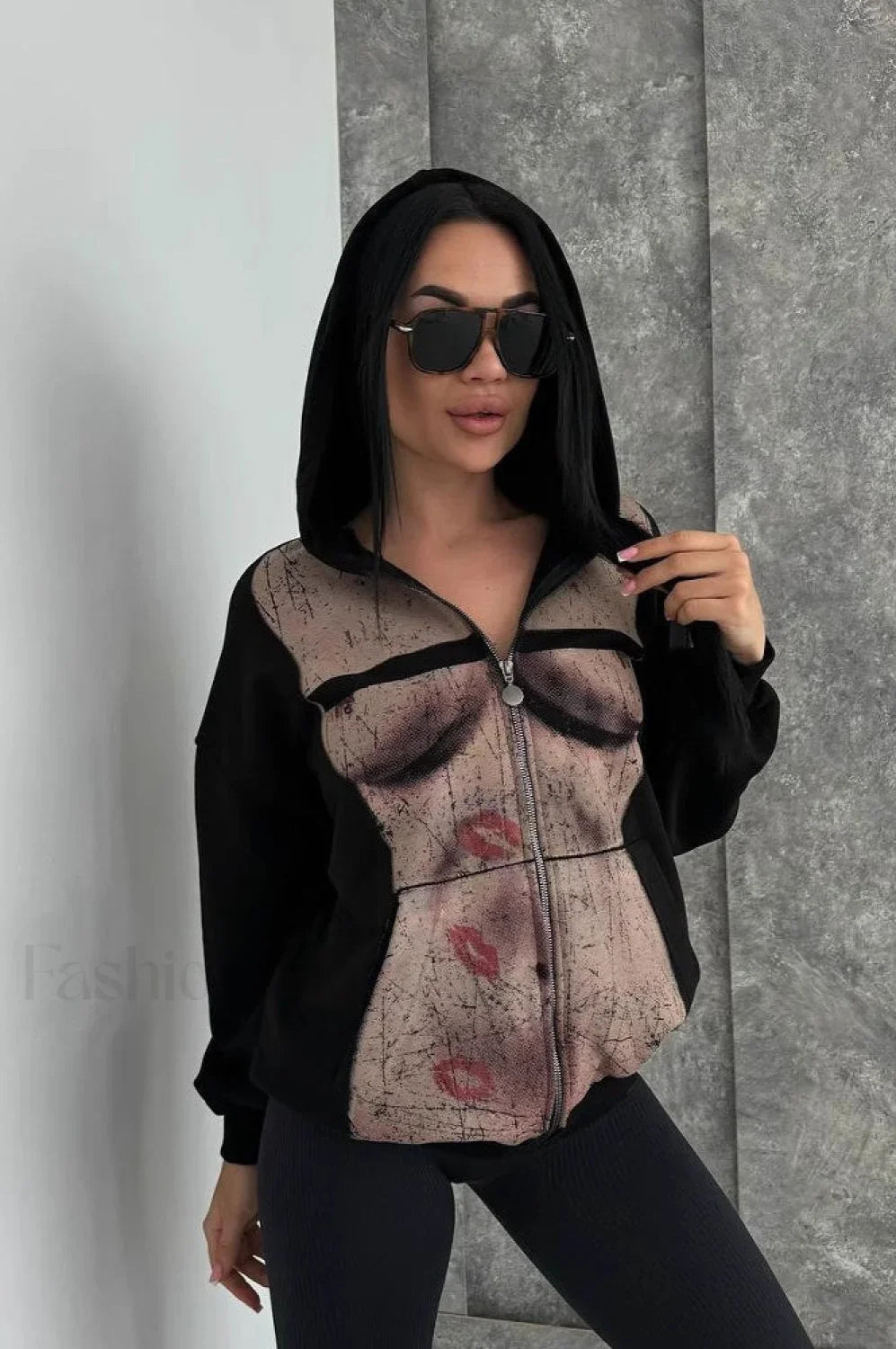 Graphic Print Zipper Hoodie Black / S