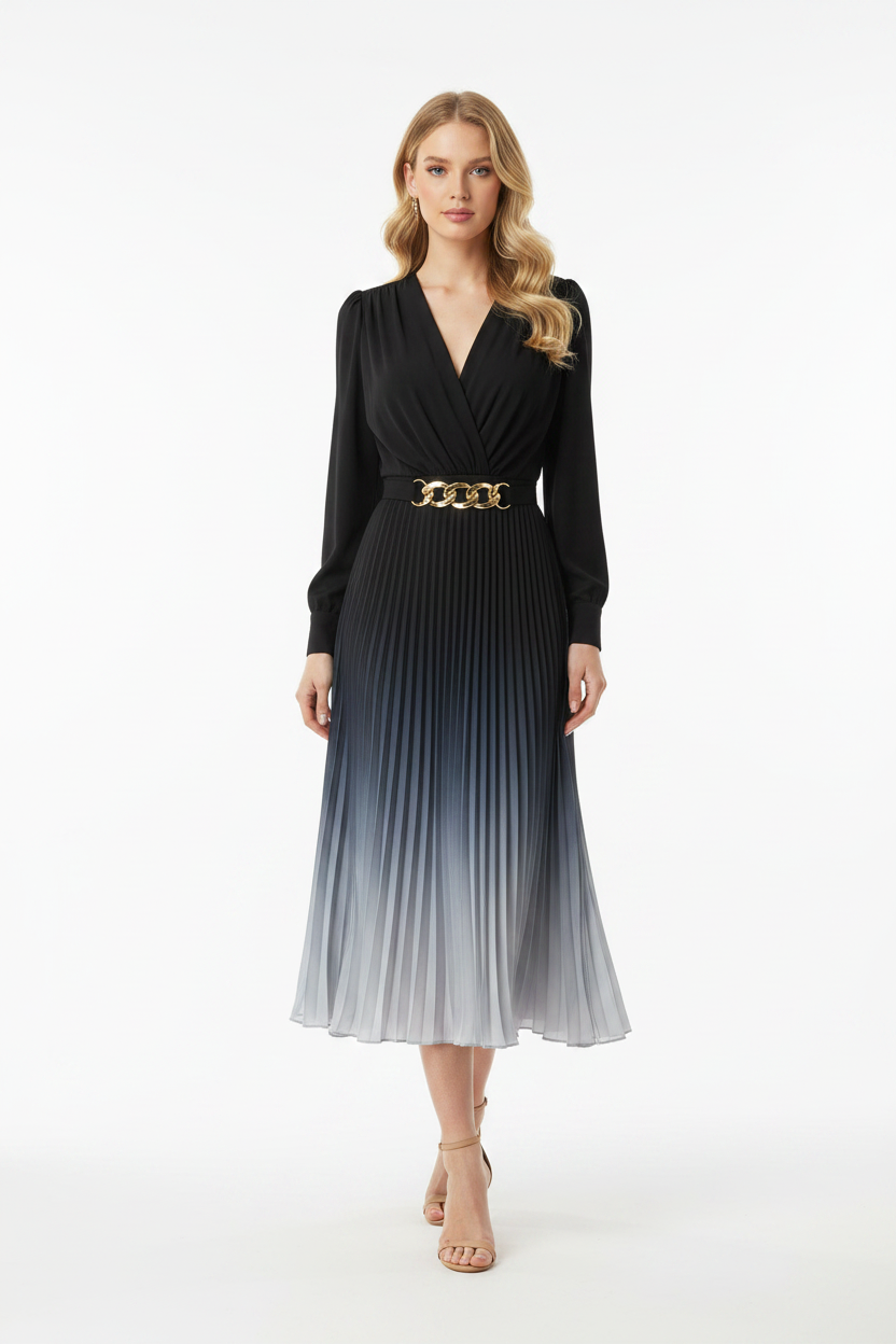 Stylish Ombre Midi Dress with Elegant Sleeves and Flattering Fit - Jamota