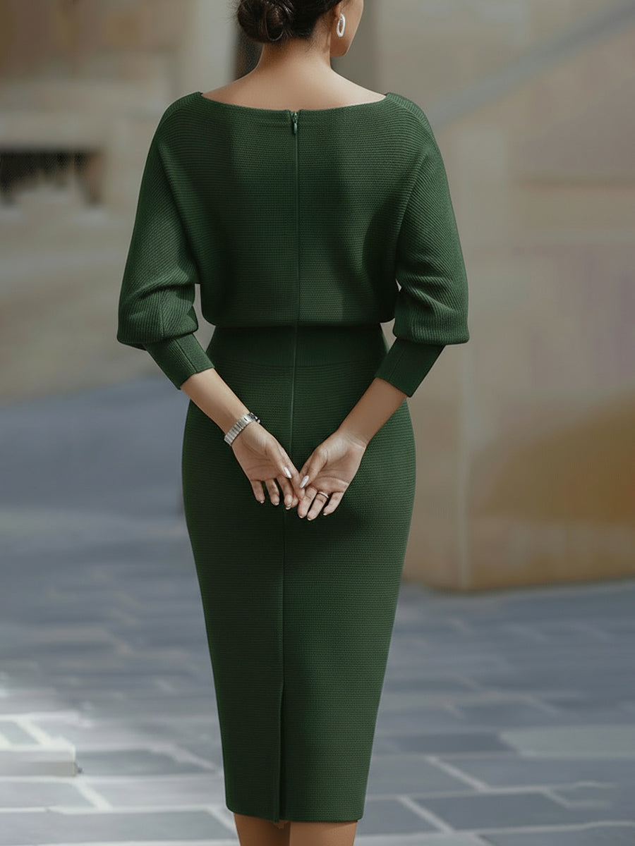 Knit Cowl Neck Batwing Long Sleeve Bodycon Midi Dress 5