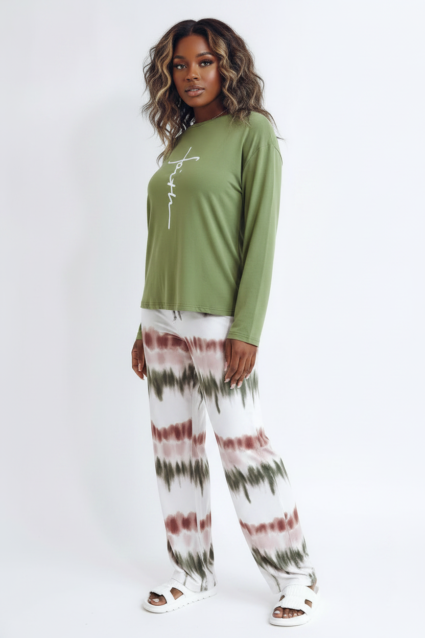 Multicolor Pajama Set Soft Long Sleeve Ombre Pants All Day Comfort Polyester Elastane Blend