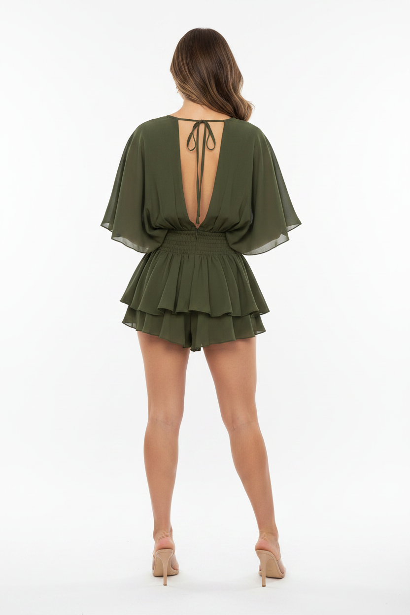 Elegant Flowy Backless Skorts Romper with Pockets & Adjustable Straps