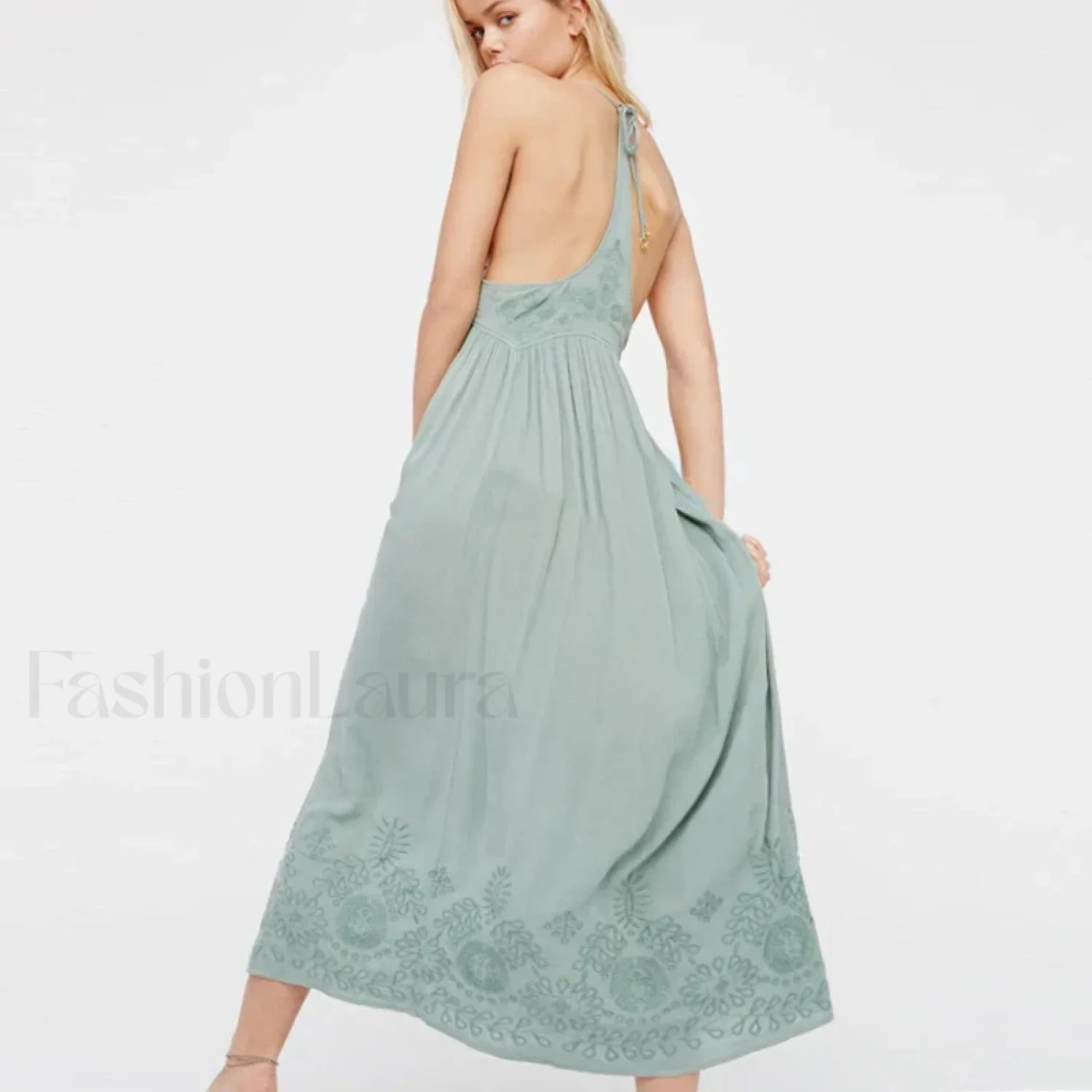 Green Cotton Embroidery Boho Dress