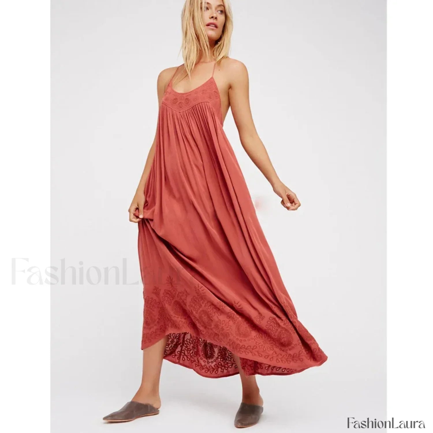 Green Cotton Embroidery Boho Dress