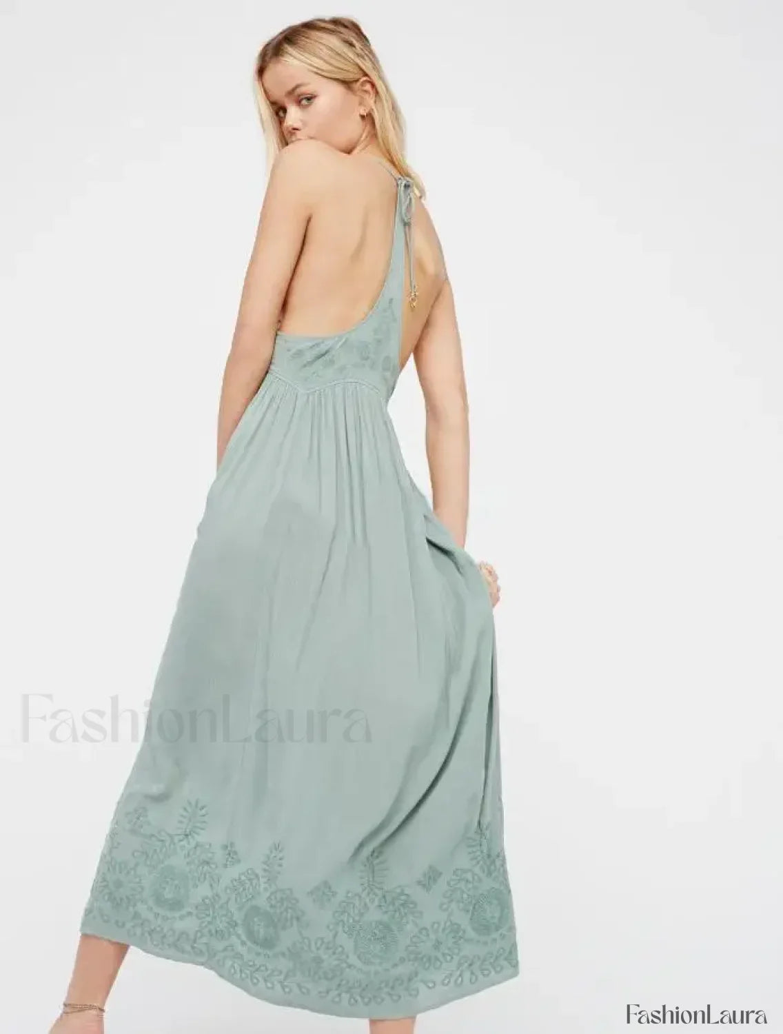 Green Cotton Embroidery Boho Dress