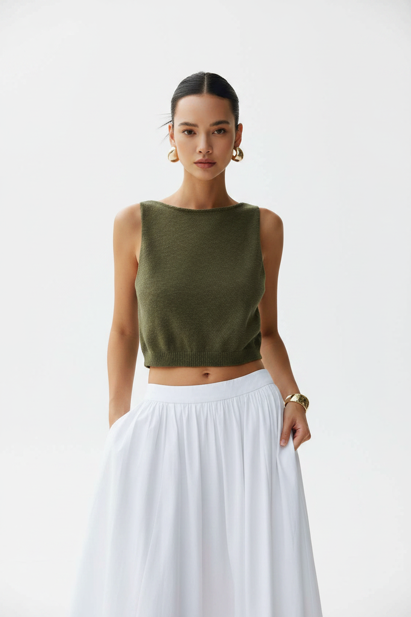 Stylish White Sleeveless Crop Top with Soft Fabric and Tailored Fit