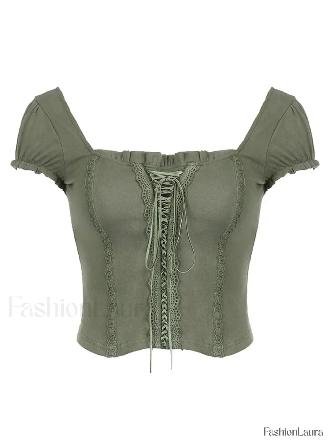 Green Lace Trim Collar Crop Top