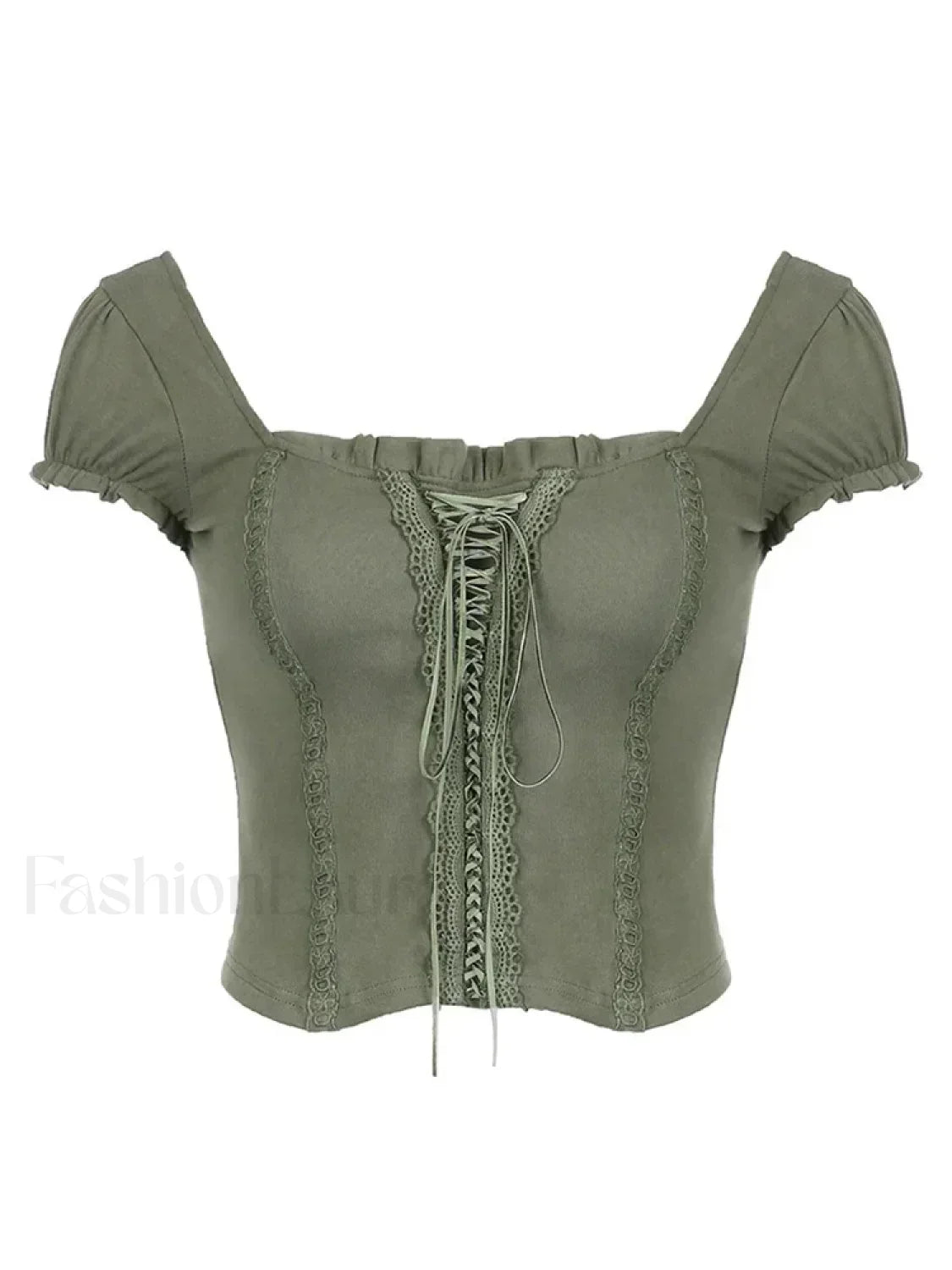 Green Lace Trim Collar Crop Top