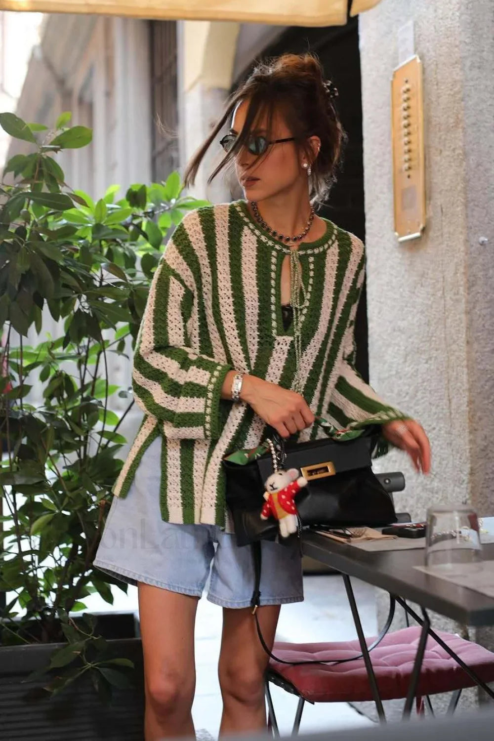 Green White Striped Tie Front Sweater Green / S