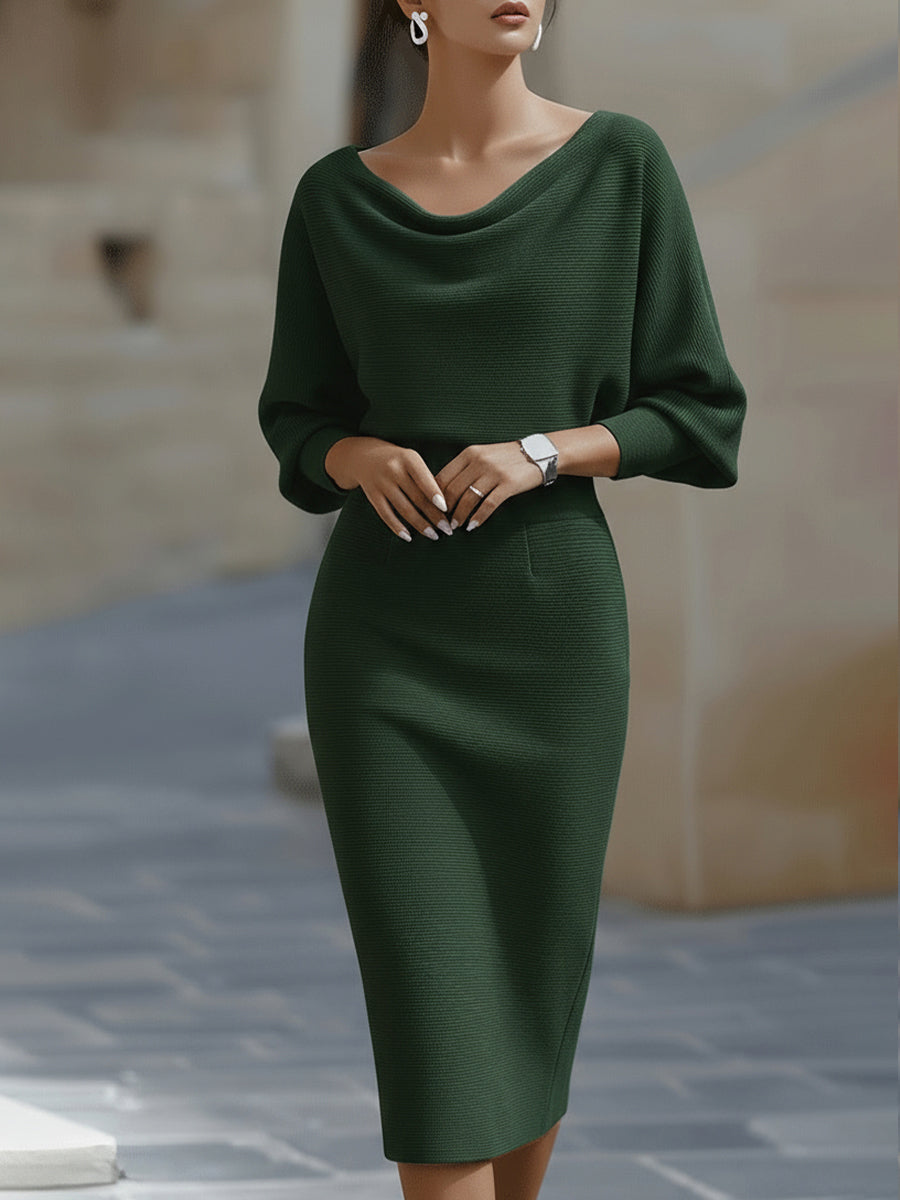 Knit Cowl Neck Batwing Long Sleeve Bodycon Midi Dress 4