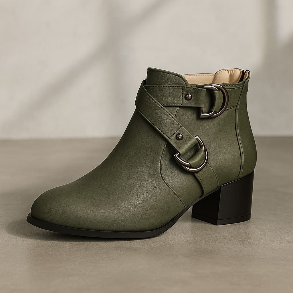 Almond Toe Crossover Buckle Strap Block Heel Ankle Boots