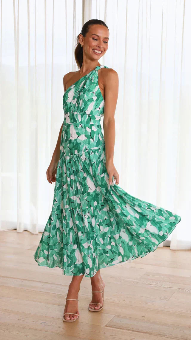 Floral One Shoulder Satin Midi Dress