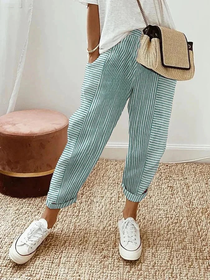 Striped High Waist Cuffed Hem Tapered Pants