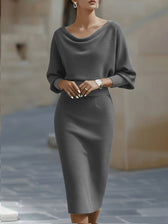 Knit Cowl Neck Batwing Long Sleeve Bodycon Midi Dress 10