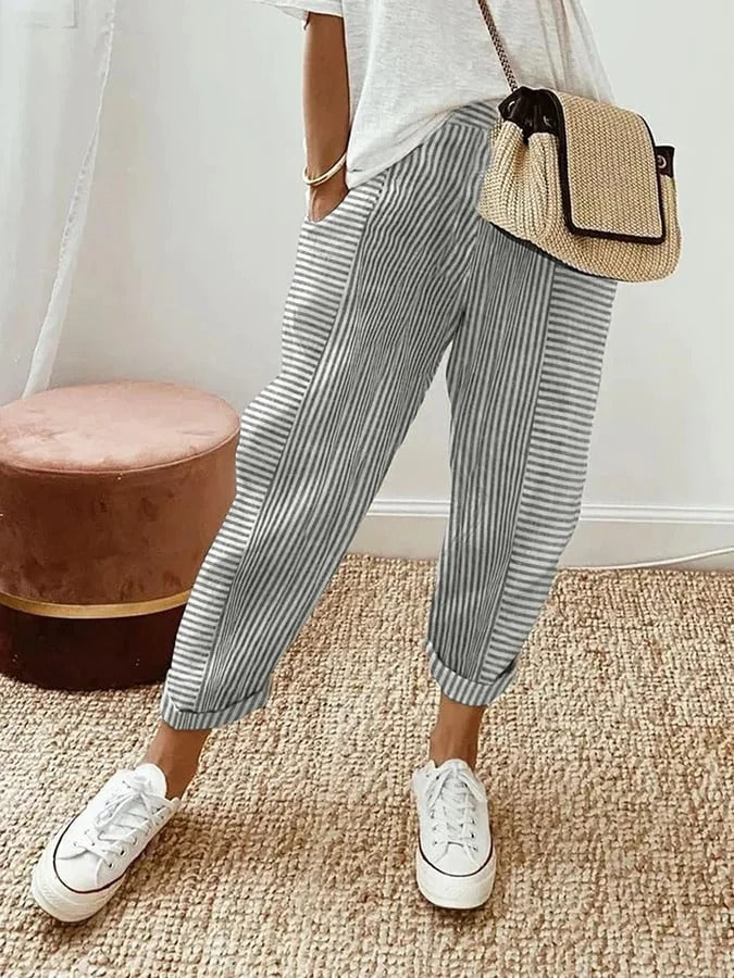 Striped High Waist Cuffed Hem Tapered Pants