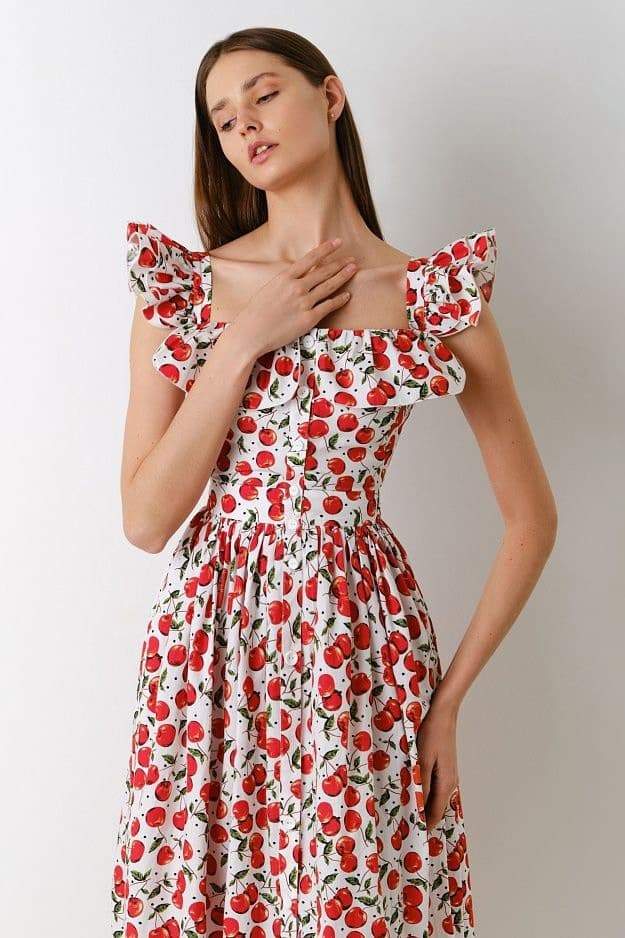 Boutique Olga Ruffled Cherry Print Midi Dress Evening Wear Edit