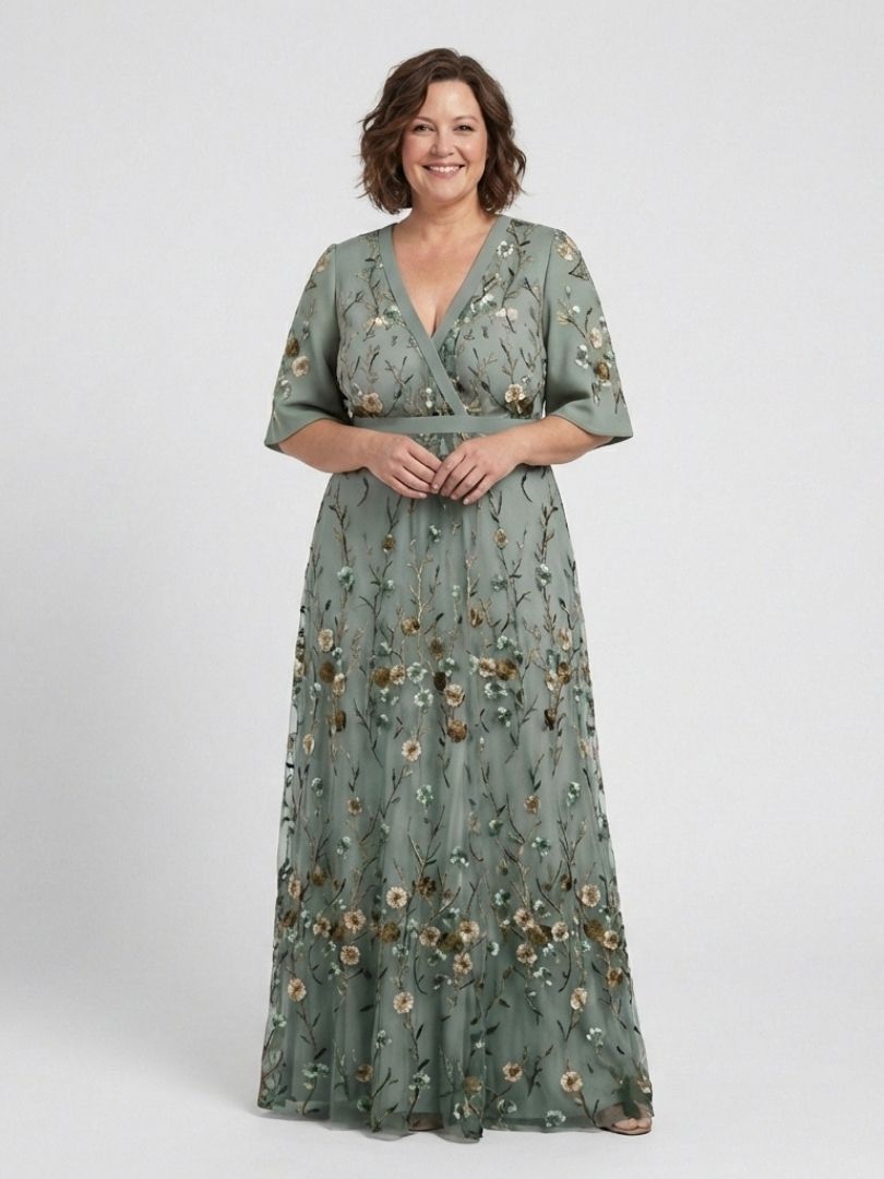 Floral Embroidered V-Neck Flutter Sleeve Maxi Dress
