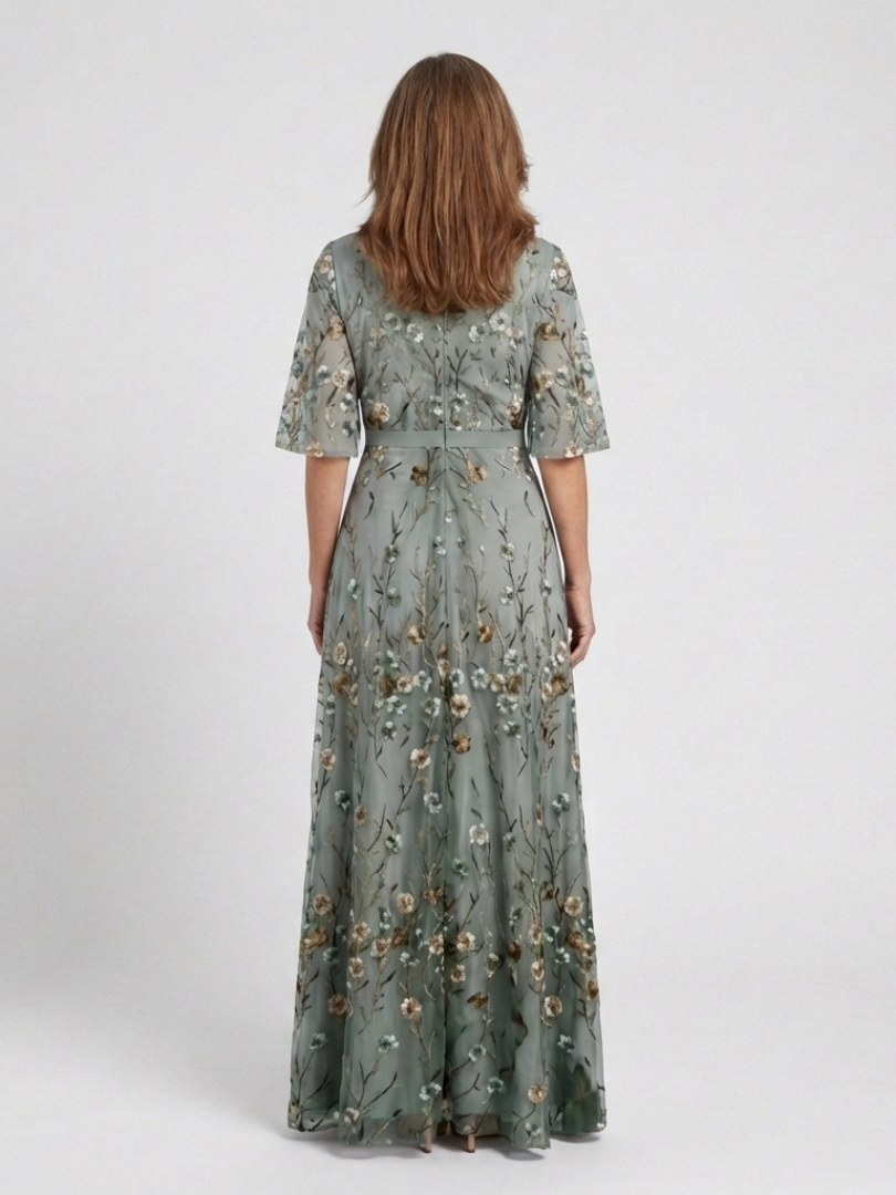 Floral Embroidered V-Neck Flutter Sleeve Maxi Dress