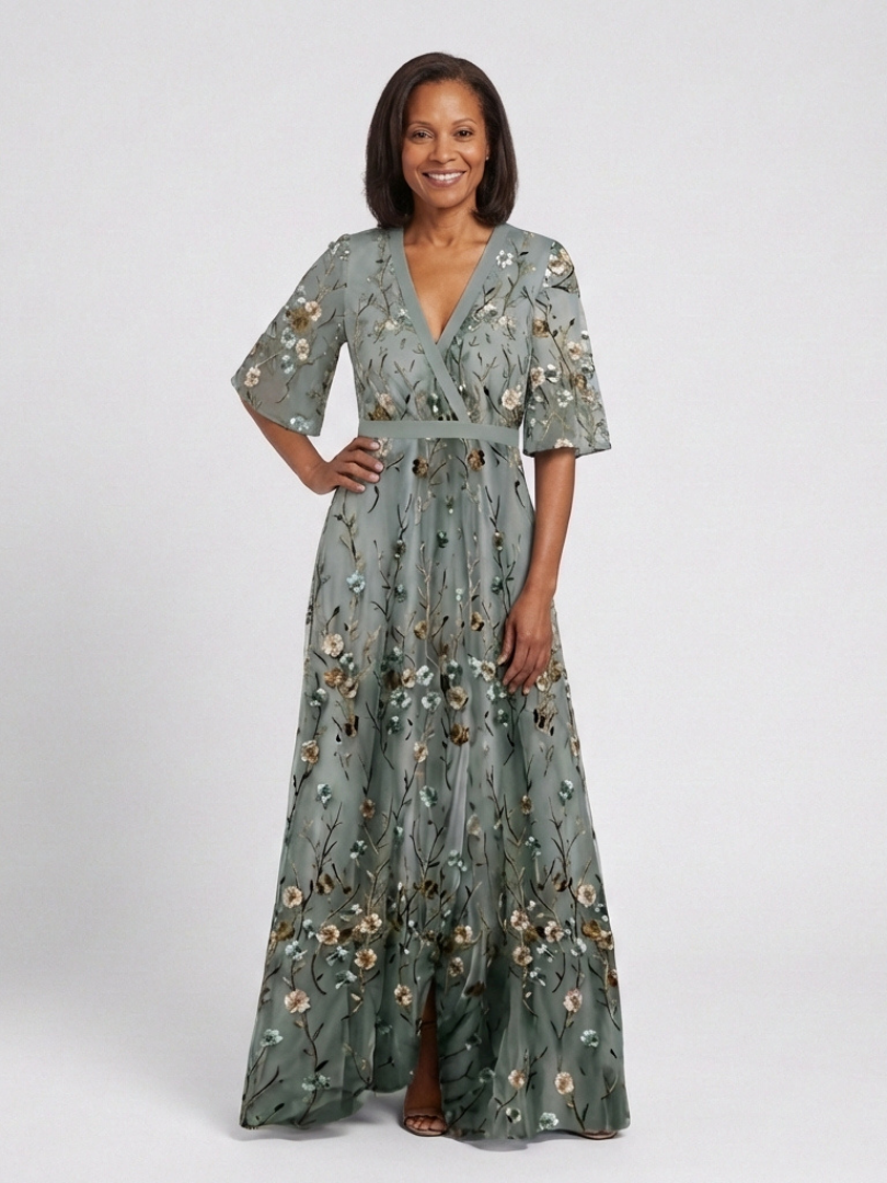 Floral Embroidered V-Neck Flutter Sleeve Maxi Dress