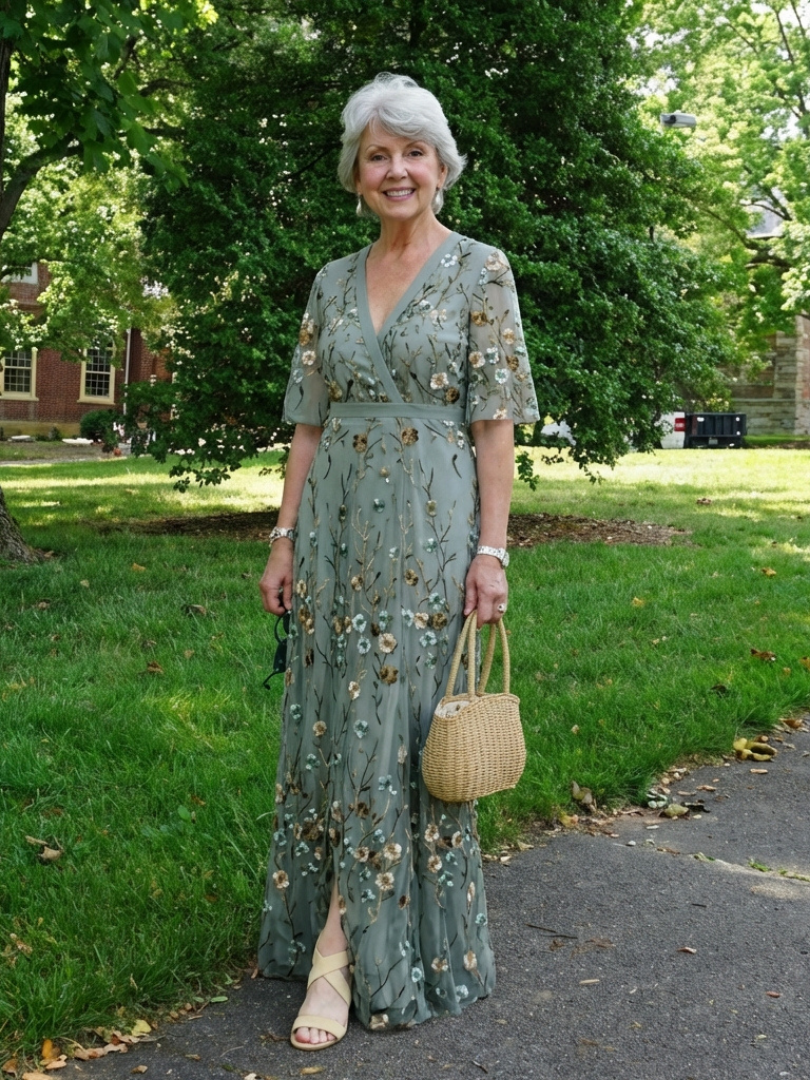 Floral Embroidered V-Neck Flutter Sleeve Maxi Dress