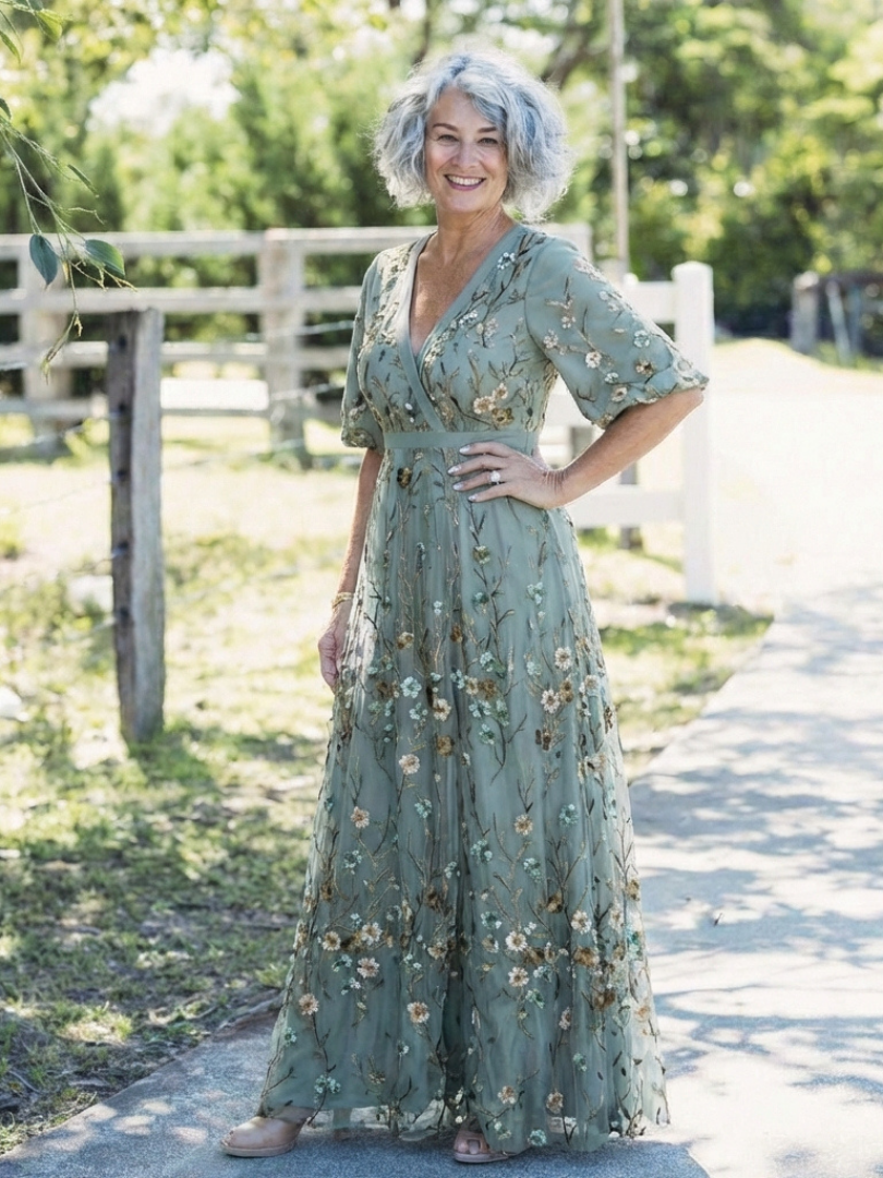 Floral Embroidered V-Neck Flutter Sleeve Maxi Dress