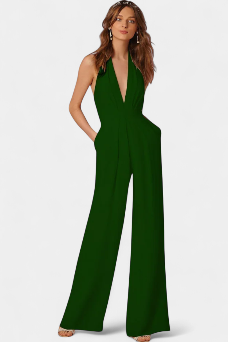 Deep V-Neck Halter Wide Leg Jumpsuit