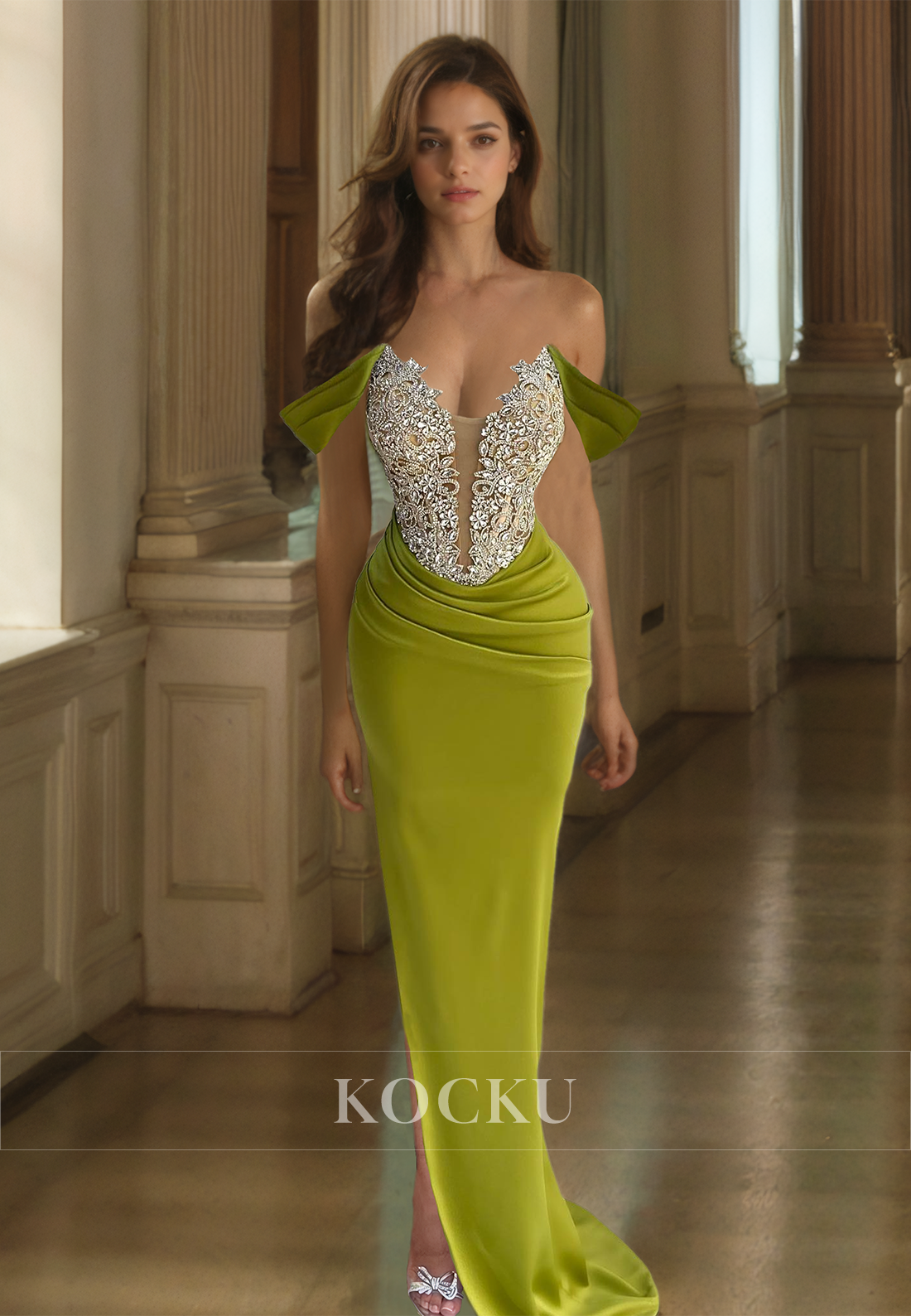 Off-Shoulder Sheath Sleeveless Slit Beads Pleated Satin Prom Dress Party Gowns with Train