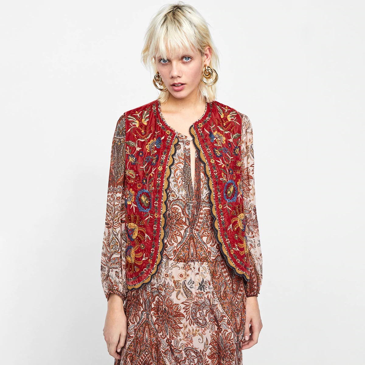 Floral Embroidered Beaded Boho Waistcoat