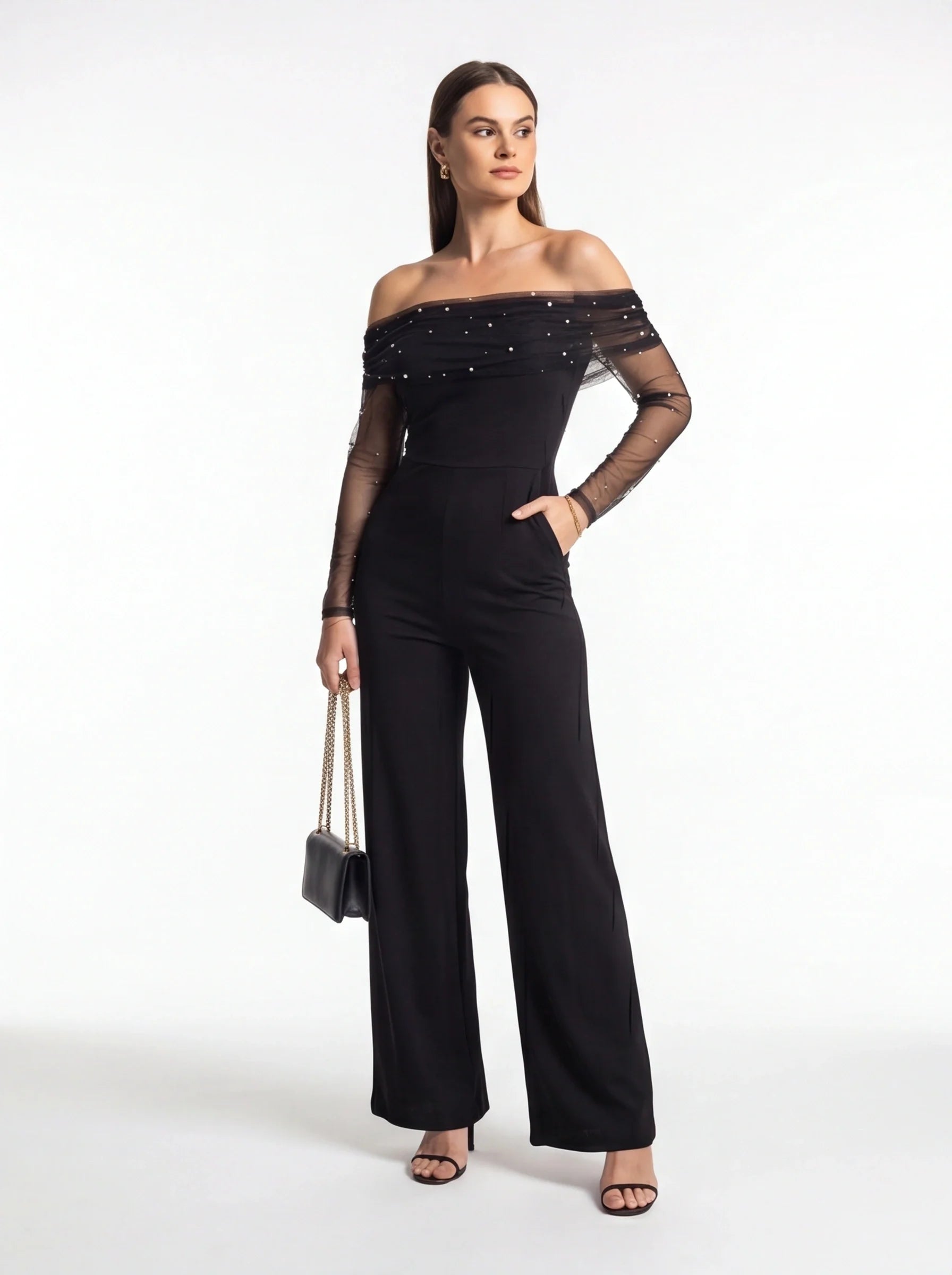 Elegant Sheer Off-Shoulder Jumpsuit with Flattering Fit & Flowing Desi