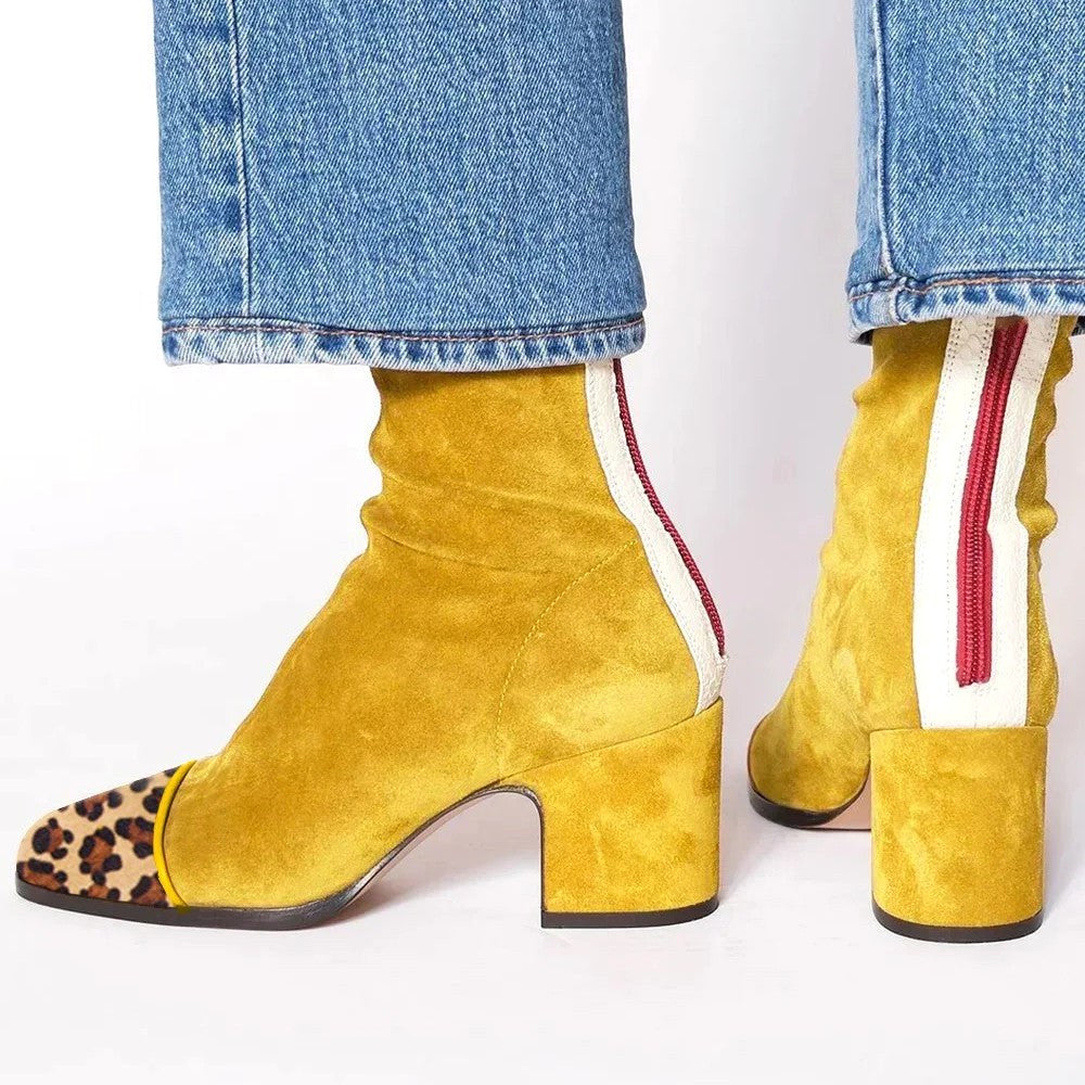 Leopard Toe Cap Block Heel Suede Ankle Boots