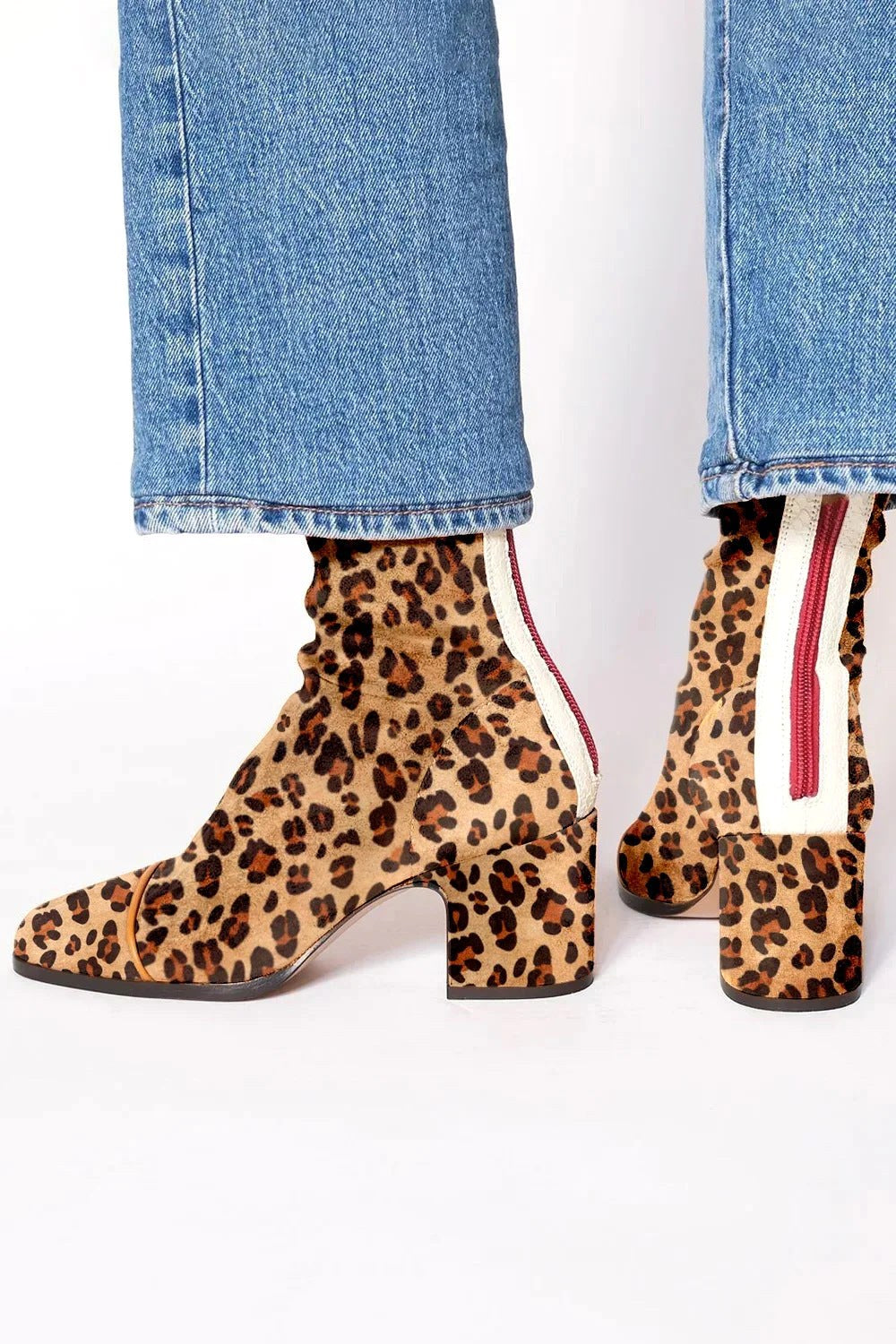 Leopard Toe Cap Block Heel Suede Ankle Boots