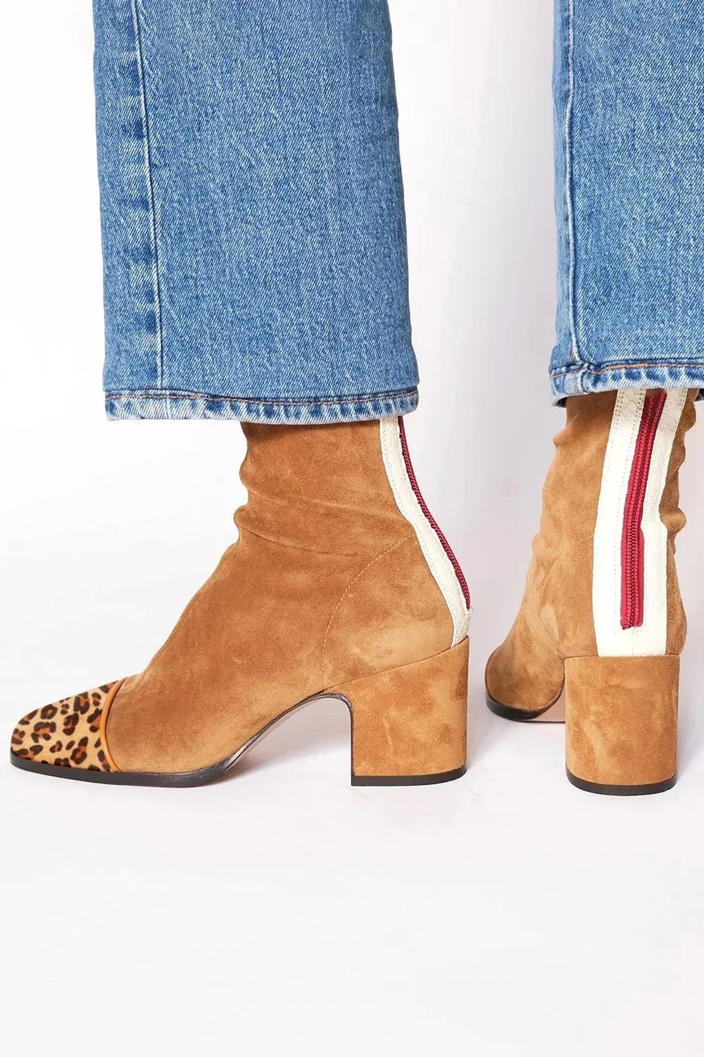 Leopard Toe Cap Block Heel Suede Ankle Boots