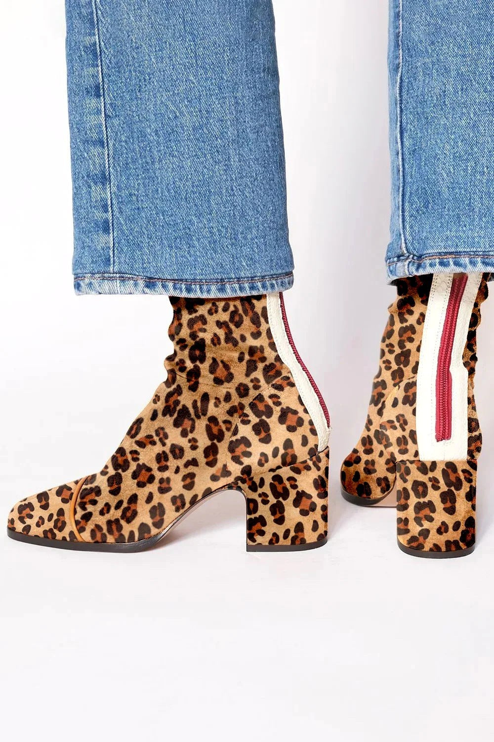 Leopard Toe Cap Block Heel Suede Ankle Boots