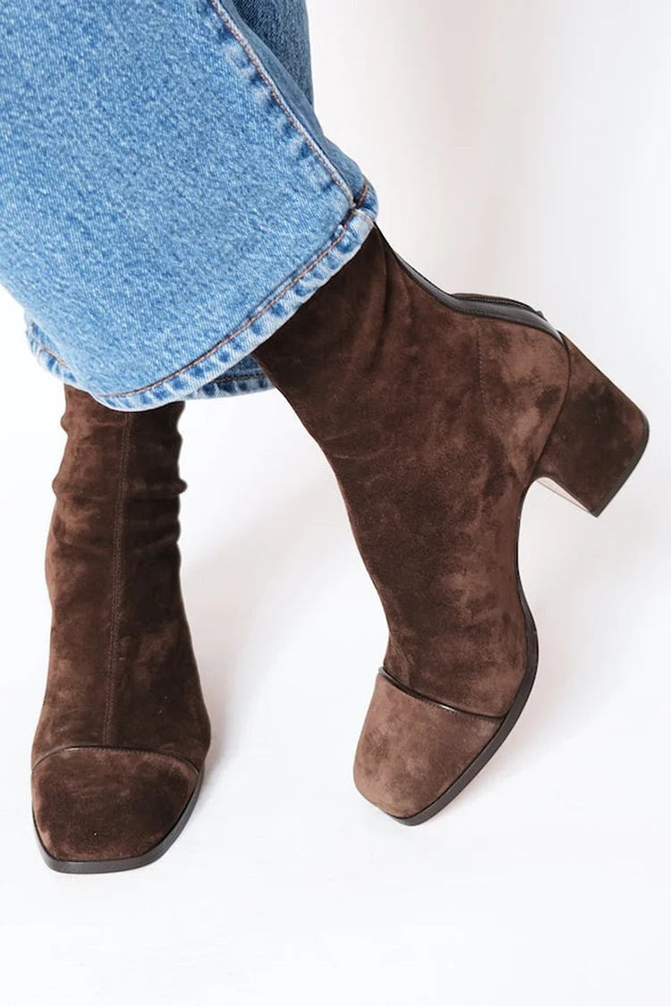 Leopard Toe Cap Block Heel Suede Ankle Boots