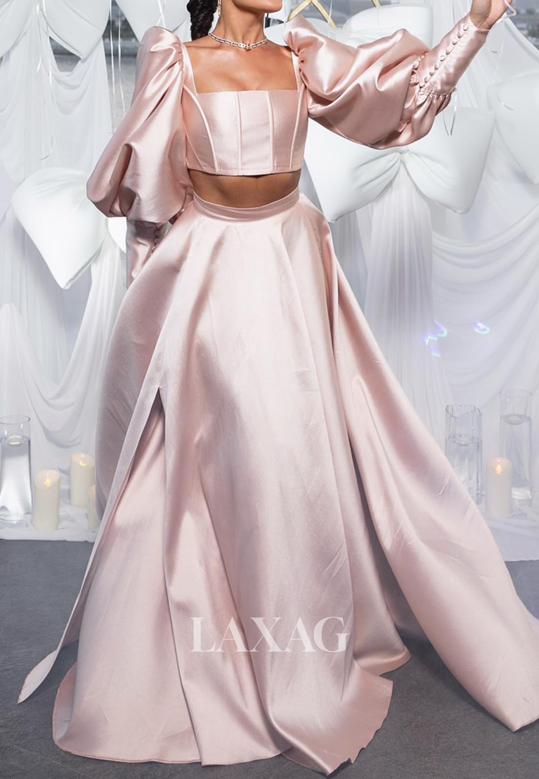 Square-Neck Puff-Sleeves A-Line Evening Dress Sweep Train Satin Formal Gowns with Slit