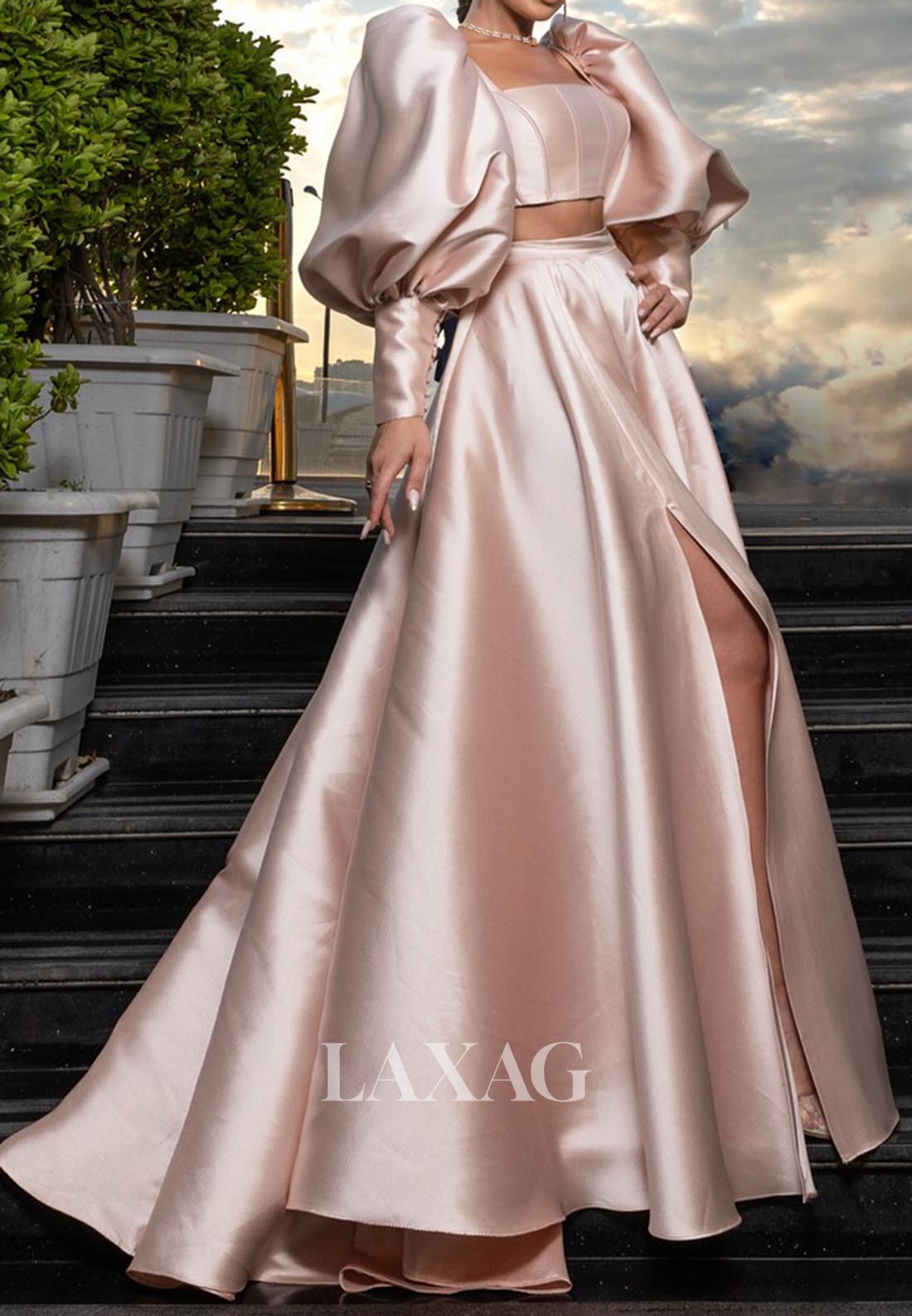Square-Neck Puff-Sleeves A-Line Evening Dress Sweep Train Satin Formal Gowns with Slit